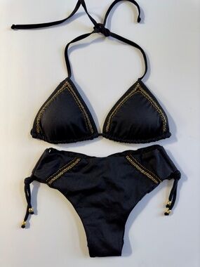 Black Bikini Set with Gold Beaded Trim
